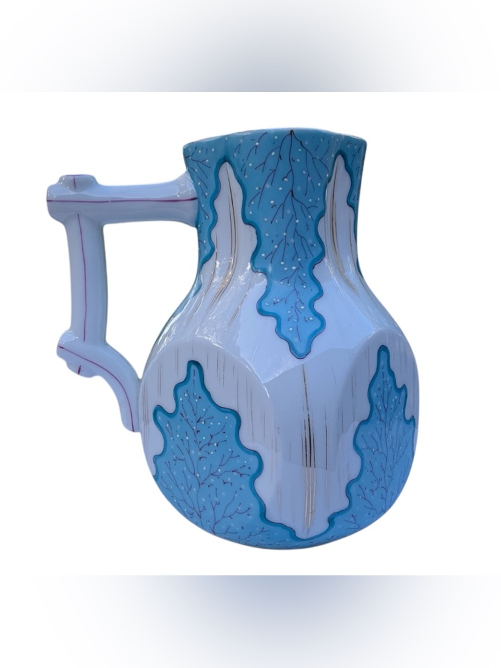 Vintage Porcelain Pitcher Blue White Geometric Naturalistic Marked RS